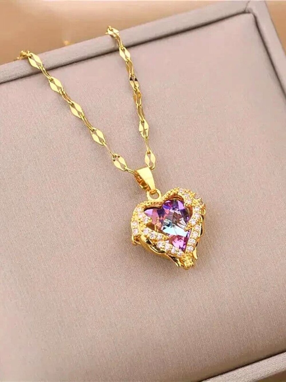 NEW 14K Yellow Gold Amethyst Heart Of Ocean Crystal Luxury Necklace